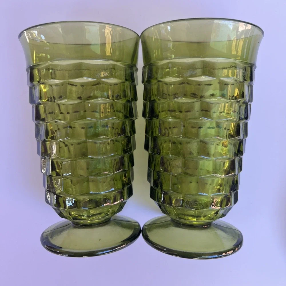 VTG Indiana Glass Whitehall Avocado Green Cubist 6